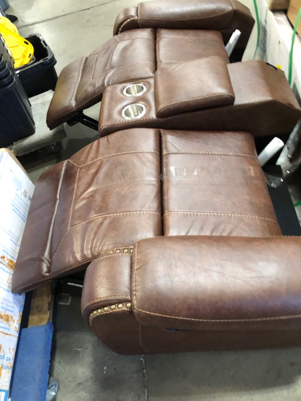 Photo 2 of ***2 LOVE SEATS **SOME FABRIC HAS A STICKY SUBTANCE**ALL PARTS INCLUDED** UNABLE TO TEST POWER CORDS
Achern Brown Leather Nailhead Air Reclining Loveseat with Storage Console
