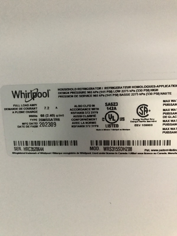 Photo 5 of BAD ODOR /DIRTY --Whirlpool 24.6-cu ft Side-by-Side Refrigerator with Ice Maker (Fingerprint Resistant Stainless Steel)