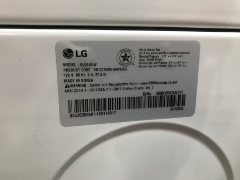 Photo 3 of LG 7.3-cu ft Reversible Side Swing Door Gas Dryer (White) ENERGY STAR