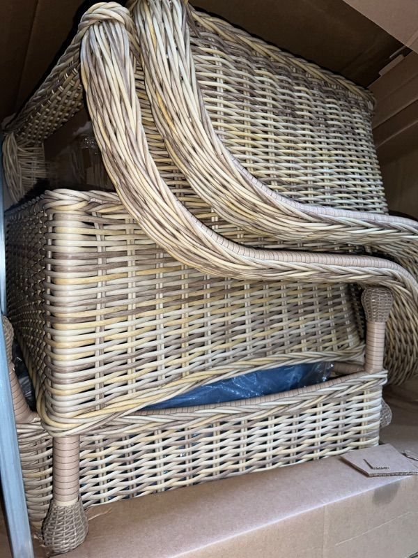 Photo 2 of ALLEN + ROTH SERENA PARK SET OF 2 WICKER LIGHT BROWN STEEL FRAME STATIONARY DINING CHAIR(S) WITH BLUE CUSHIONED SEAT
