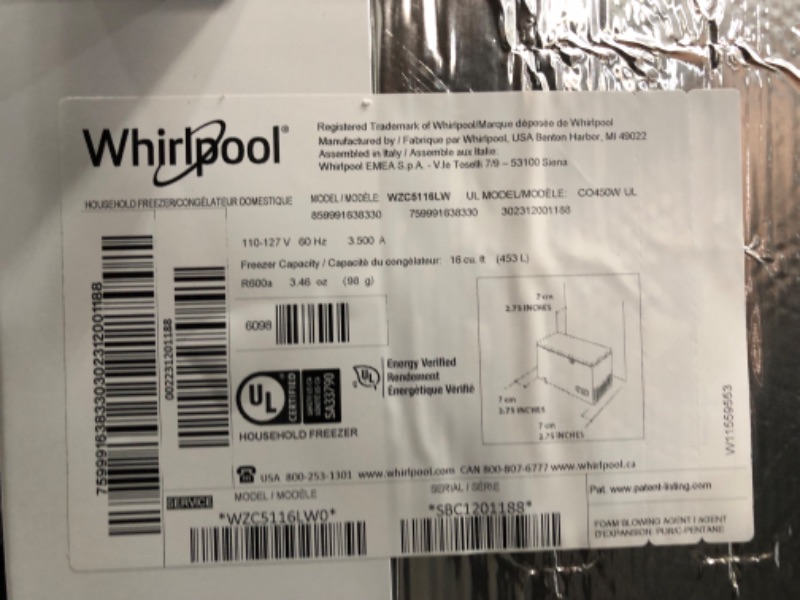 Photo 6 of Whirlpool Garage-Ready 16-cu ft Manual Defrost Chest Freezer with Temperature Alarm (White)
