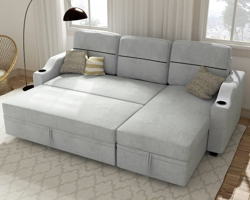 Photo 1 of ****INCOMPLETE****   Ucloveria Sectional Sofa Couch, 82" Sleeper Sofa Bed with Reversible Storage Chaise Pull Out Couch Bed for Living Room L-Shape Lounge 2 in 1 Futon Sofa with Two Cup Holder, Grey