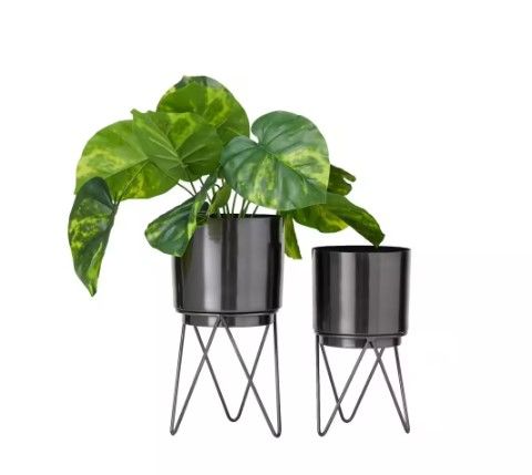 Photo 1 of 12 in., and 10 in. Medium Black Metal Planter with Removable Stand (2- Pack)