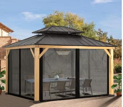 Photo 1 of 13 ft. x 11 ft. Outdoor Patio Spruce Wood Frame Hardtop Gazebo with Double Galvanized Steel Roof and Mosquito Netting