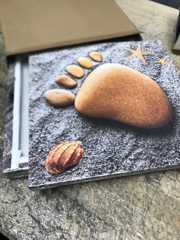 Photo 2 of Beach Wall Art Bedroom Decor - Stone Feet Seashell Art 3 Piece Funny Decor Rustic Canvas Print Shells and Starfish Summer Decorations Ocean Theme Coastal Home Bathroom Decorations 12x12inch x 3pcs