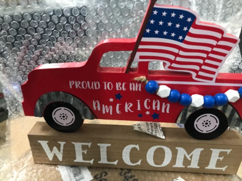 Photo 2 of 4th of July Decorations, DECSPAS Large Size Red Truck American Flag Ornaments Fourth of July Decorations for Home, PROUD TO BE AN AMERICAN WELCOME Sign Patriotic Decor for Table, Mantle