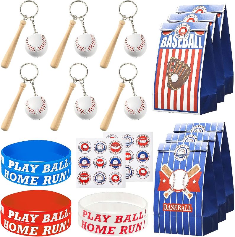 Photo 1 of 18 Pieces Baseball Party Favors Includes Baseball Silicone Rubber Bracelets, Baseball Keychain Baseball Sticker and Baseball Party Bags for Baseball Sports Themed Birthday Party School Party Favors--2 SETS 