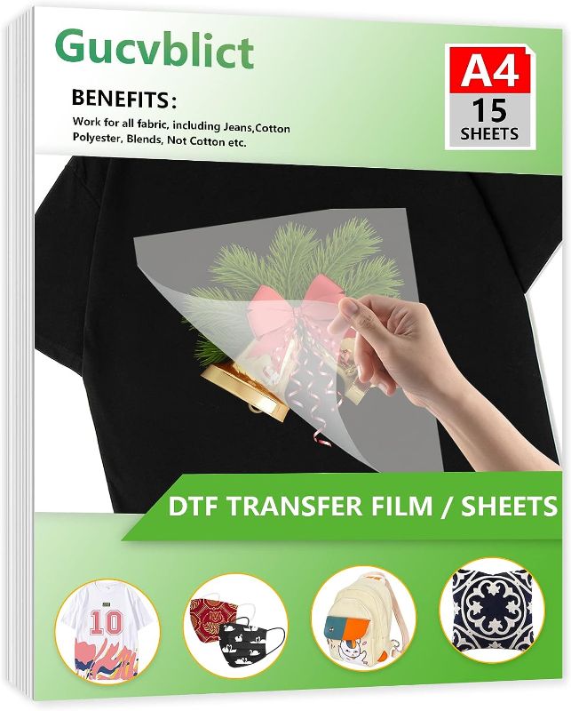 Photo 1 of Gucvblicvt DTF Transfer Film - A4(8.4" x 11.7") 15 Sheets Double-Sided Matte Clear Sheets, PET Heat Transfer Paper Direct to Film Print on T Shirts