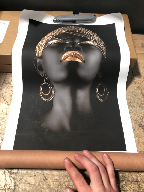 Photo 2 of 123 Life Black Girl Wall Art - African American Wall Art Black Woman with Gold Lips Earrings Necklace Painting Poster Black and Gold Wall Decor for Home Office Unframed 12x18inches/30x45cm