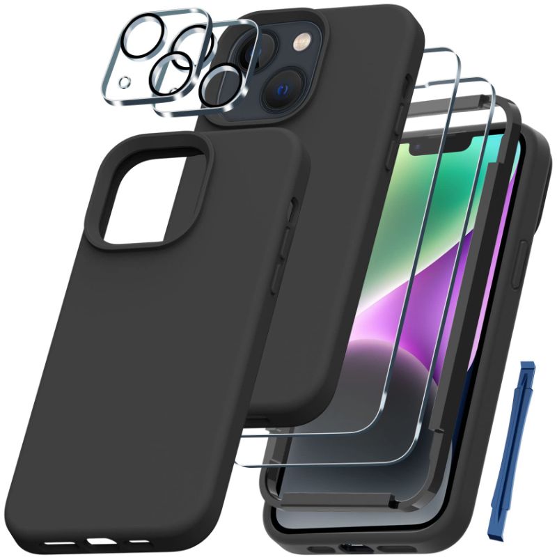 Photo 1 of 2 pack- [5 in 1] QHOHQ for iPhone 14 / iPhone 13 Case, with 2X Screen Protector + 2X Camera Lens Protector, Soft Silicone Military Shockproof Slim Thin Phone Case 6.1 Inch for Men and Women,Black