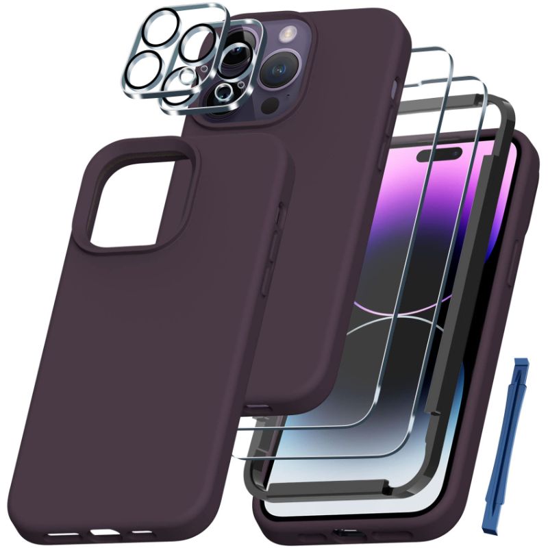 Photo 1 of 2 pack- QHOHQ [5 in 1] for iPhone 14 Pro Case, with 2X Screen Protector + 2X Camera Lens Protector, Soft Silicone Military Shockproof Slim Thin Phone Case 6.1 Inch, Deep Purple