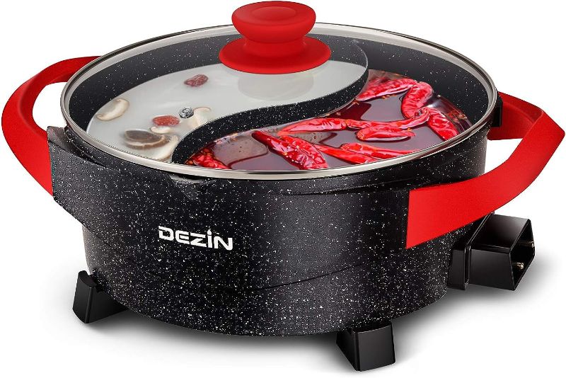 Photo 1 of USED. Dezin Hot Pot Electric Pot with Divider, 5L Double Flavor Electric Non-Stick Shabu Shabu Pot with Multi-Power Control, Electric Cooker with Tempered Glass...
