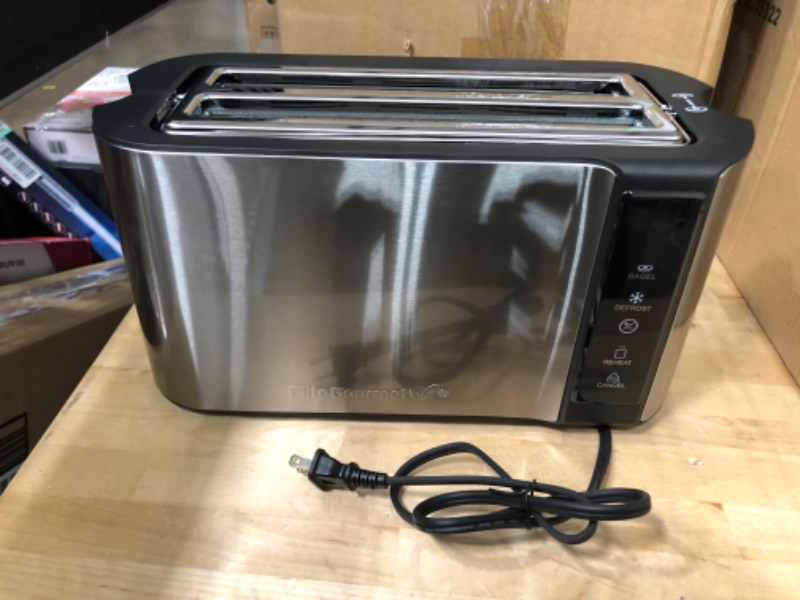 Photo 1 of Elite Gourmet ECT5322 Long Slot 4 Slice Toaster, Countdown Timer, Bagel Function, 6 Toast Setting, Defrost, Cancel Function, Built-in Warming Rack, Extra Wide Slots for Bagels Waffles, Stainless Steel 4 Slice Stainless Steel and Jet Black