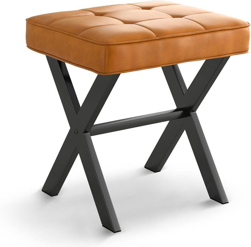 Photo 1 of *MISSING HARDWARE** LUE BONA Vanity Stool, Faux Leather X-Leg Foot Stool, Small Ottoman Makeup Stool Chair for Vanity, Modern Padded Foot Rest Vanity Seat for Makeup Room, Bathroom, Orange
