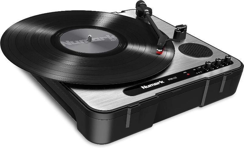 Photo 1 of Numark PT01USB - Portable Vinyl Record Player, USB Turntable With Built In Speaker, Power via Battery or AC Adapter, Three Speed RPM Selection for Hi-Fi, Outdoors listening, DJ, Recording