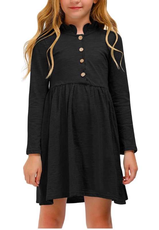 Photo 1 of BesserBay Girl's Ruffle Collar Button-Down Pleated Casual Swing Midi Dress 11-12 Years