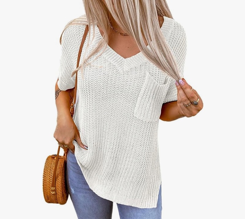 Photo 1 of Asvivid Women's V Neck Side Slit Ribbed Knit Tops Casual Short Sleeve Shirts with Pocket White 2XL