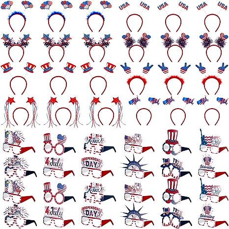 Photo 1 of 48 Pcs 4th of July Party Favors 4th of July Headband Glasses for Kids Adults 4th of July Decorations Includes American Flag Headband Patriotic Glasses 4th of July Accessories Patriotic Photo Props
