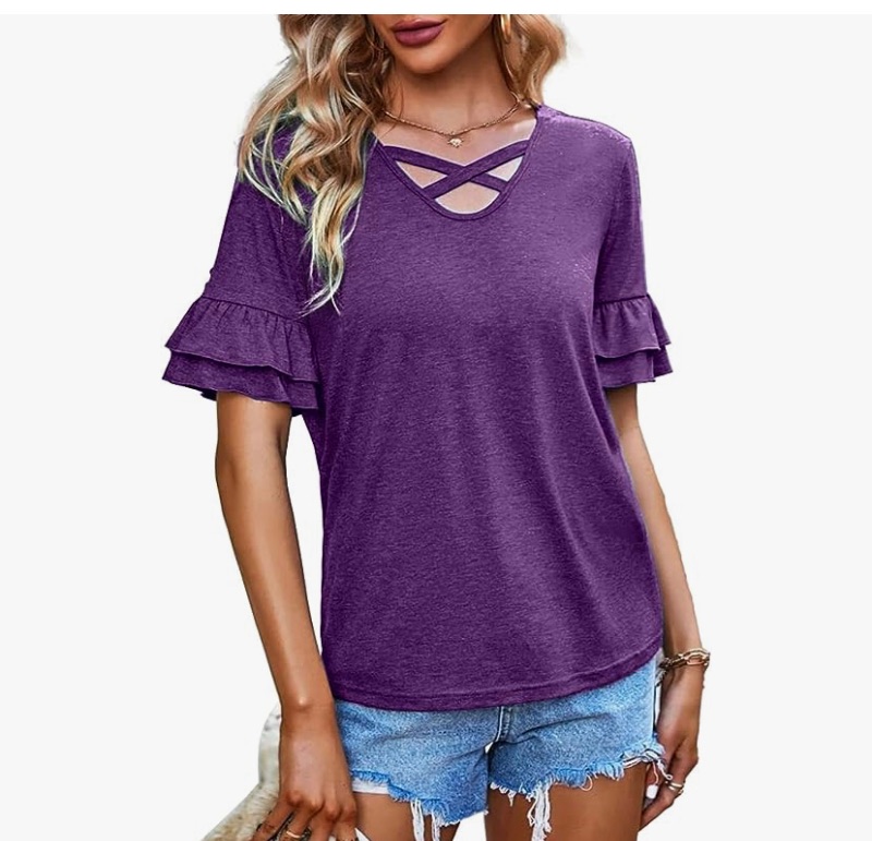 Photo 1 of Aoysky Women's Summer Tops V Neck Criss Cross Short Sleeve Layer Ruffle T Shirts Loose Casual Tee unknown size 