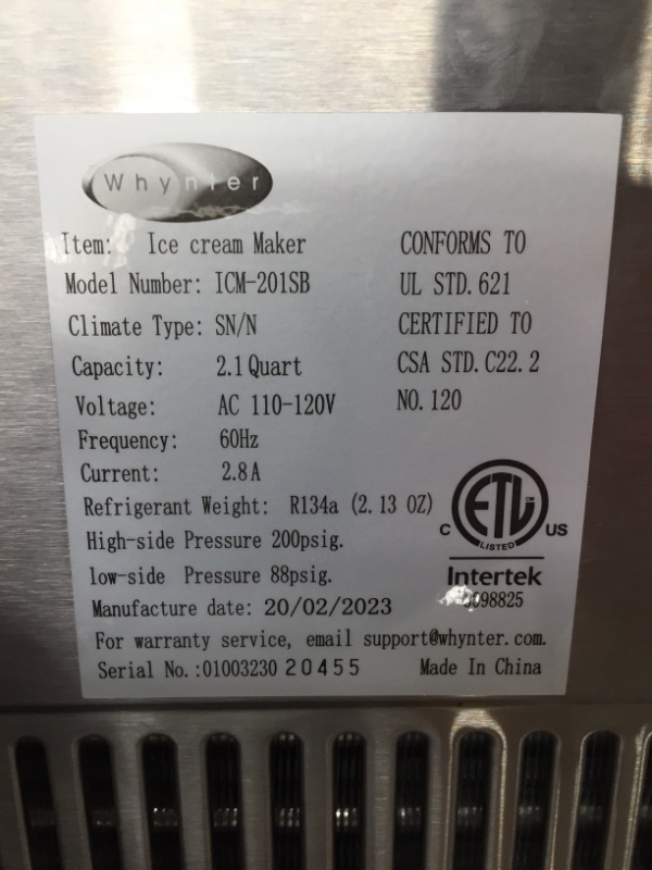 Photo 3 of [FOR PARTS] Whynter ICM-201SB Upright Automatic Ice Cream Maker 2 Quart Capacity Built-in Compressor
