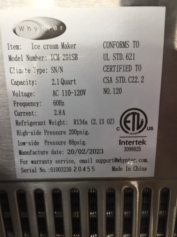 Photo 4 of [FOR PARTS] Whynter ICM-201SB Upright Automatic Ice Cream Maker 2 Quart Capacity Built-in Compressor