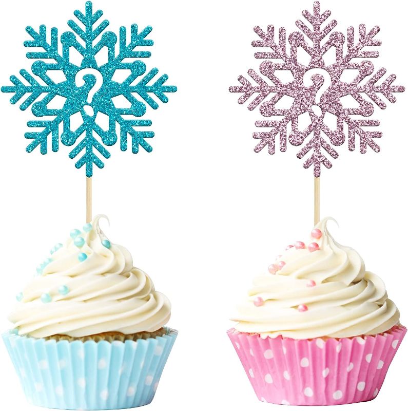 Photo 1 of **2 PACK** Gyufise 24 Pack Snowflake Question Mark Cupcake Toppers Glitter Winter Snowflake Gender Reveal Cupcake Pick Decorations for Winter Snowflake Babyshower Christmas Party Decorations
