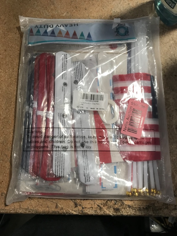 Photo 2 of 26 Pcs 4th/Fourth of July Patriotic Decorations Set Include Patriotic Tablecloth USA Flag Pennant Red White Blue Paper Fans, Small American Flags on Stick, Pom Poms for Independence Day Party Supplies