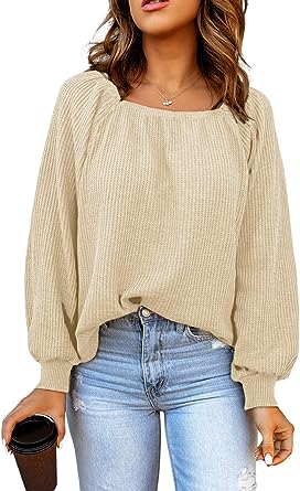 Photo 1 of FARYSAYS Women's Waffle Knit Tops Square Neck Lantern Long Sleeve Casual Loose Blouses Shirts Medium