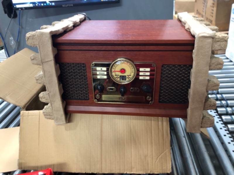 Photo 2 of Victrola Nostalgic 6-in-1 Bluetooth Record Player & Multimedia Center with Built-in Speakers - 3-Speed Turntable, CD & Cassette Player, FM Radio | Wireless Music Streaming | Mahogany
