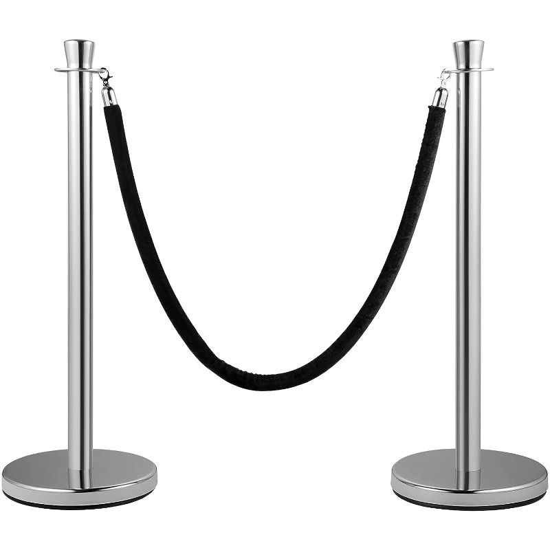 Photo 1 of  Crowd Control Stanchion, Set of 2 Pieces Stanchion Set, Stanchion Set with 5 ft/1.5 m Black Velvet Rope, Silver Crowd Control Barrier w/Sturdy Concrete and Metal Base - Easy Connect Assembly
