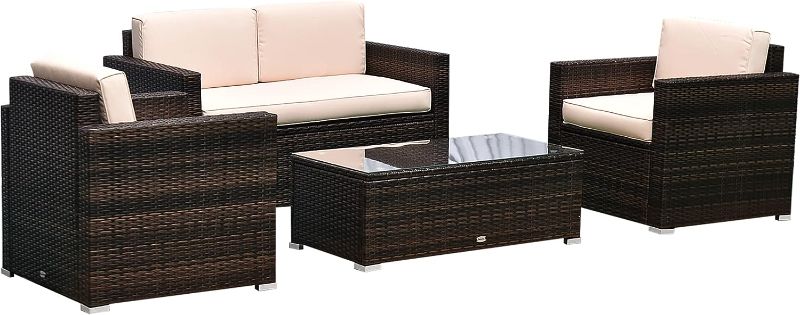 Photo 1 of 4 Piece Wicker Patio Furniture Set with Cushions, Outdoor Sectional Furniture with 2 Sofa, Loveseat, and Glass Top Coffee Table, Conversation Sofa Sets for Garden, Beige