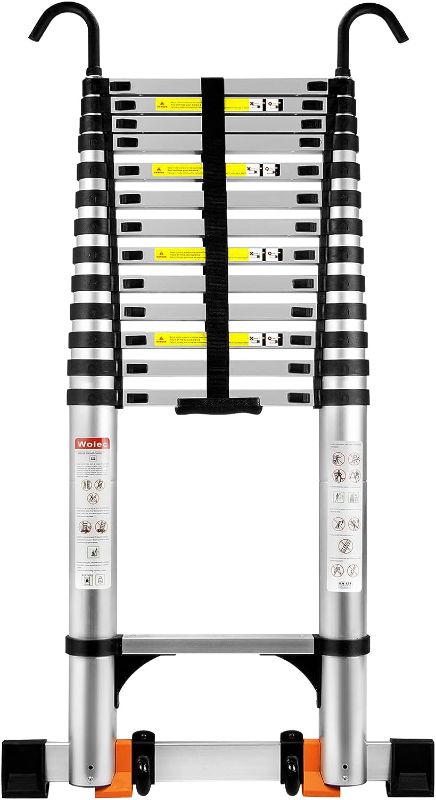 Photo 1 of 17.7FT Telescoping Ladder,Upgrade Anti-Pinch Telescopic Extension ladders with 2 Triangle Stabilizers,Aluminum Multi Purpose Folding ladders with Portable Wheels Non-Slip Balance Bar