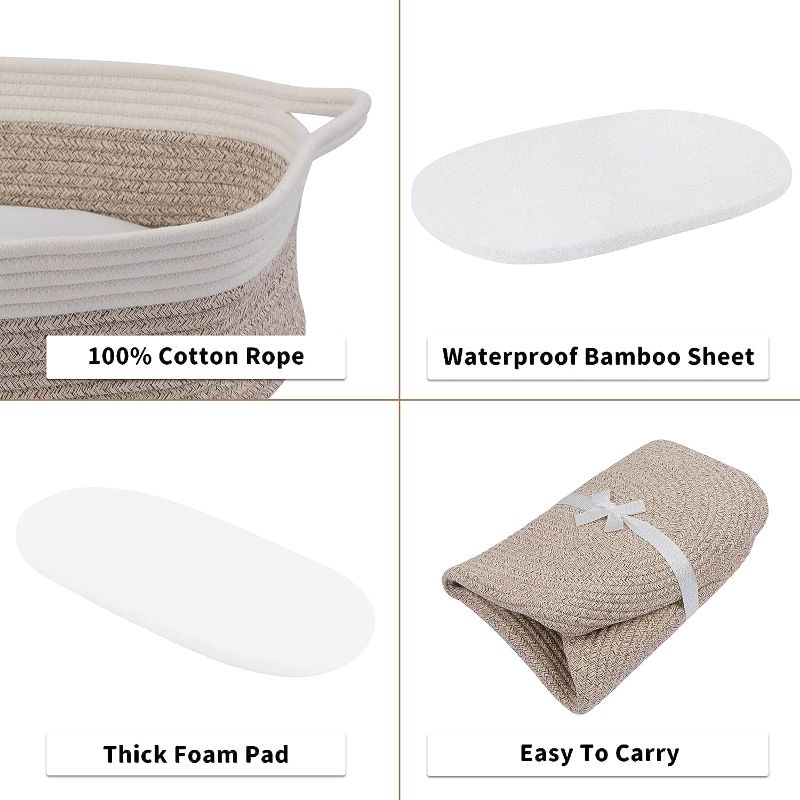 Photo 1 of Baby Changing Basket - Moses Basket Boho Nursery Decor Cotton Rope Changing Table Topper with Thick Cotton Foam Pad and Removable Waterproof Bamboo Mattress Cover
