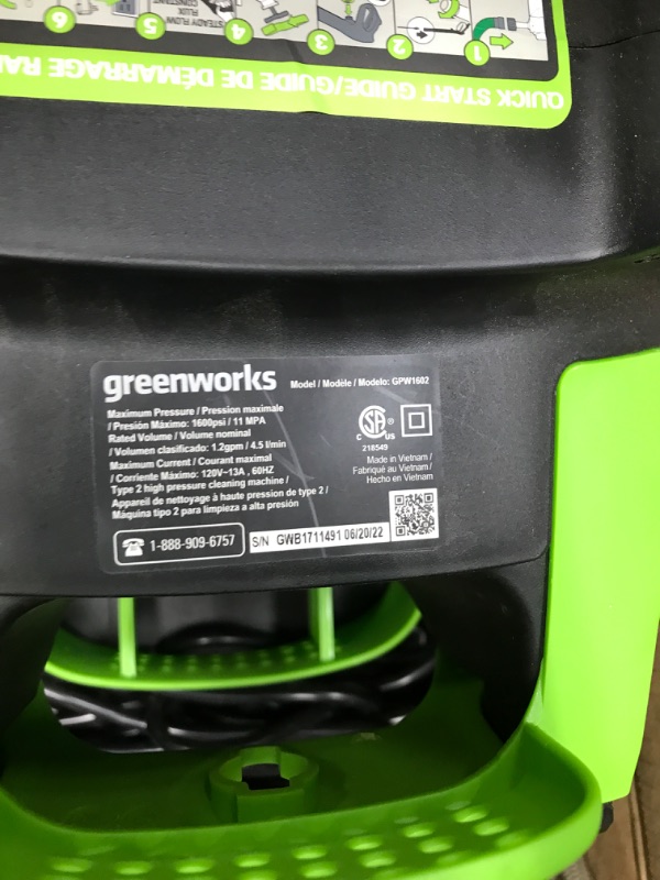 Photo 3 of **See Notes** 
Greenworks 1600 PSI 1.2 GPM Pressure Washer (Upright Hand-Carry) PWMA Certified