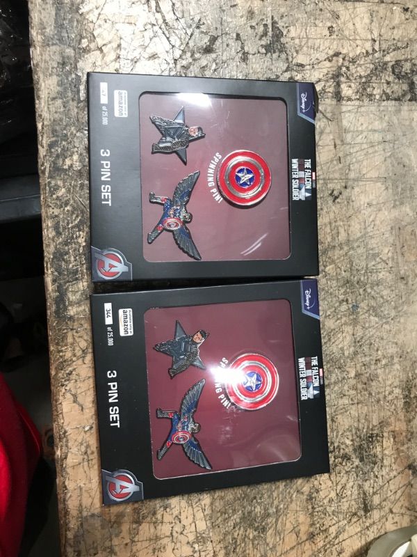 Photo 2 of 2 PACKMarvel Studios: The Falcon and The Winter Soldier Metal based and Enamel 3 Lapel Pin Set with 16cm Officially Licensed Circular Window Box. (Amazon Exclusive)