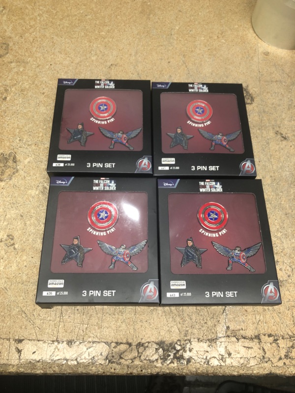 Photo 2 of 4 PACK OF Marvel Studios: The Falcon and The Winter Soldier Metal based and Enamel 3 Lapel Pin Set with 16cm Officially Licensed Circular Window Box. (Amazon Exclusive)