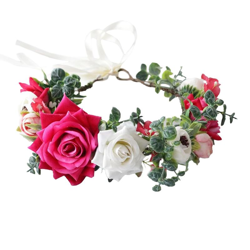 Photo 1 of  Rose Flower Crown Boho Flower Headband Hair Wreath Floral Headpiece Halo with Ribbon Wedding Party Festival Photos Pink
