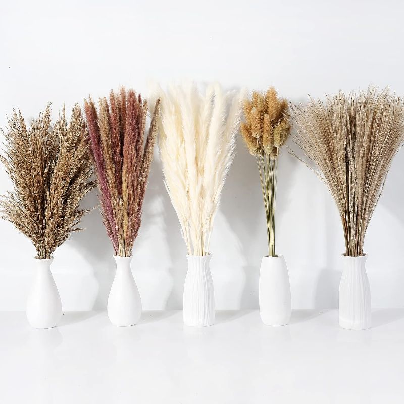 Photo 1 of 2pcks of Dried Pampas Grass Decor, 100 Pcs Boho Home Wedding Party Decoration, 17 inch Naturally Dried Flowers Fluffy Pampas Boho Decor for Parties, Farmhouse, Home, Office, Table Decor