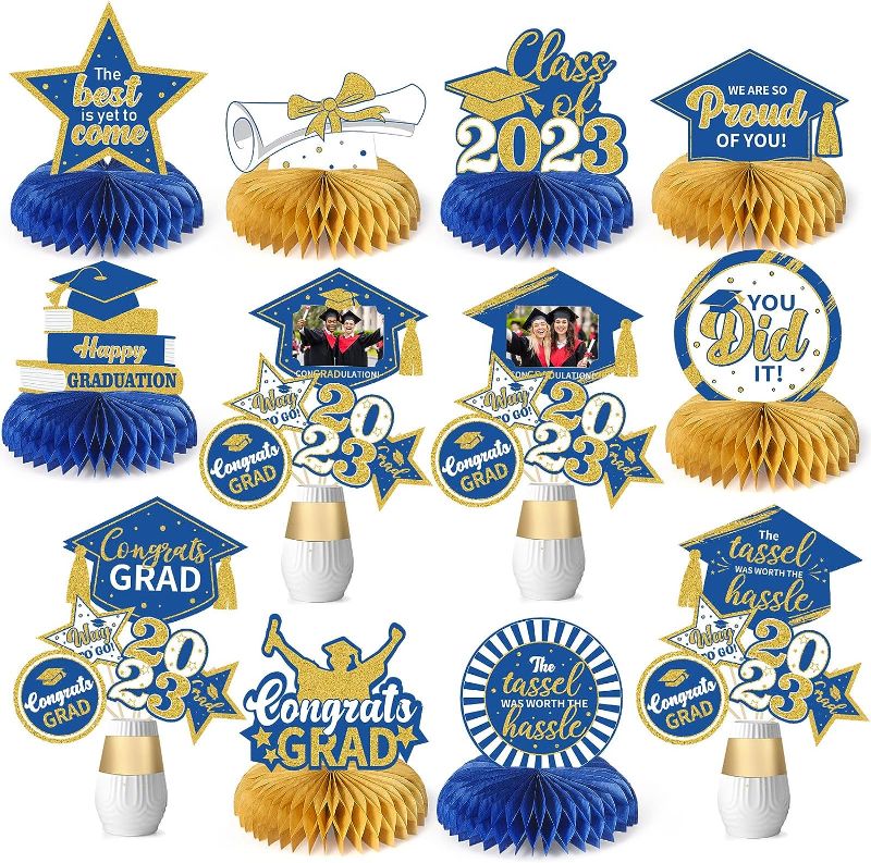 Photo 1 of 3pcks of Funrous 32 Pcs Graduation Centerpieces Decorations for Tables 2023 Grad Honeycomb Photo Centerpiece Table Topper Stick Tassel Worth The Hassle for 2023 Graduation Party Favor Supplies (Blue Gold)