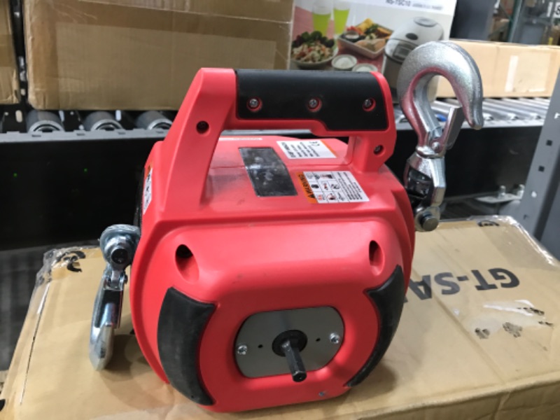 Photo 2 of Lonsge Portable Drill Winch, Rotate The Hook 360 Degrees, Red Handheld Drill Winch/Hoist of 750 LB Capacity with 40 Foot Alloy Wire Rope for Lifting & Dragging, Stretched Wire Fence, Log Handling