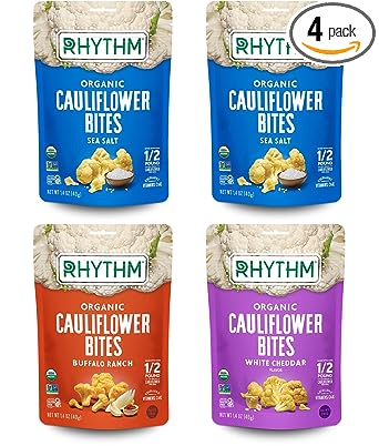 Photo 1 of **EXPIRES MAY2024** Rhythm Superfoods Crunchy Cauliflower Bites Variety Pack - Salted, Buffalo Ranch, and White Cheddar - Organic & Non-GMO, 1.4 Oz (Pack Of 4), Vegan/Gluten-Free Vegetable Superfood Snacks
