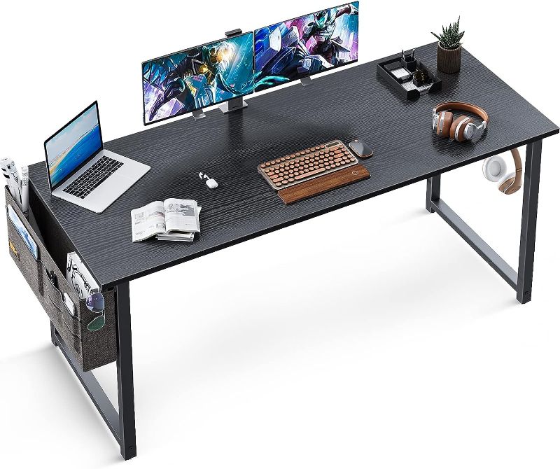 Photo 1 of ODK Computer Writing Desk 55 inch, Sturdy Home Office Table, Work Desk with A Storage Bag and Headphone Hook, Black
