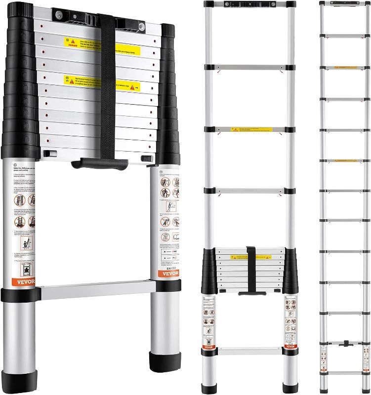 Photo 1 of *USED* VEVOR Telescoping Ladder, 12.5 FT Aluminum One-Button Retraction Collapsible Extension Ladder, 375 LBS Capacity w/Non-Slip Feet, Portable Multi-Purpose...
