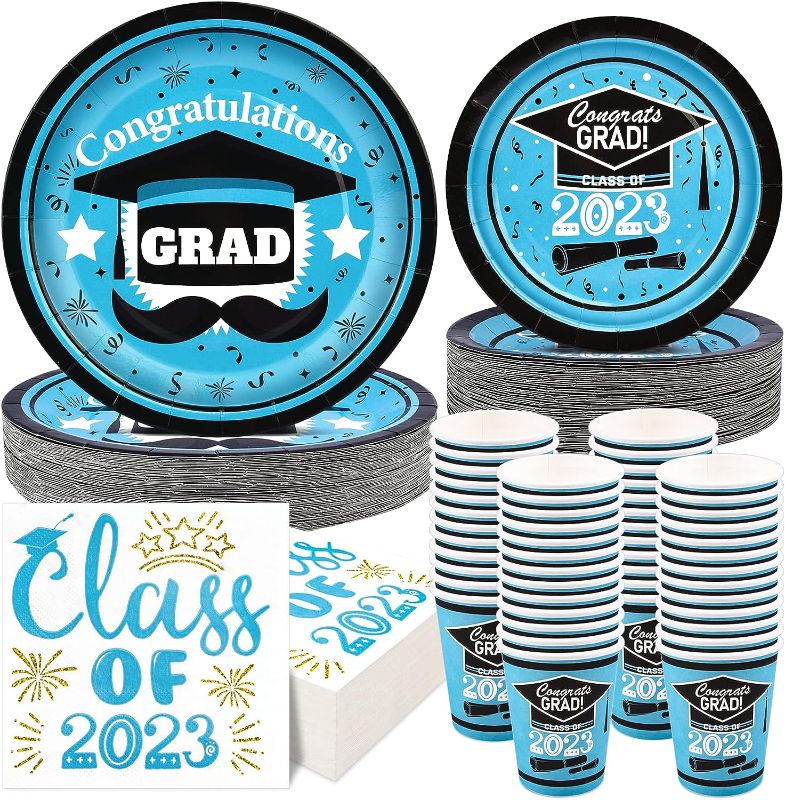 Photo 1 of 200pcs Graduation Party Supplies Plates and Napkins Cups Serve50, Class of 2023 blue  Disposable Dinner Dessert Plates Cocktail Napkins Beverage Cups Dinnerware Set Congrats Grad Decorations blue 