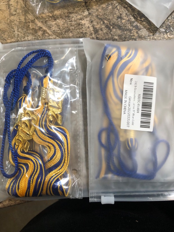 Photo 2 of 2023 Graduation Cap Tassel Charm 2 PCS Tassels for Graduation Cap 2023 Soft Silky Tassel Accessories for Graduate Hats Parties Ceremonies Souvenir Gold Charms 9" Blue Gold 2 pack