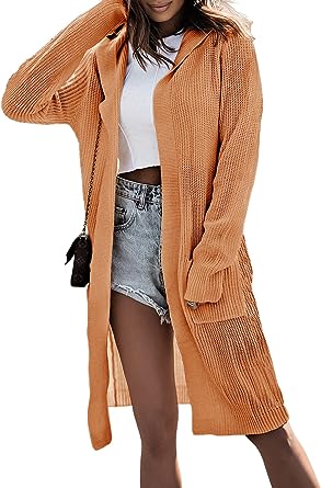 Photo 1 of Dokotoo Womens 2023 Solid Hooded Cardigan Sweaters for Women Knitted Coats Outerwear Casual Long Cardigans with Pockets