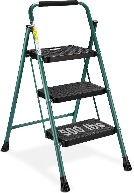 Photo 1 of 
HBTower 3 Step Ladder, Folding Step Stool with Wide Anti-Slip Pedal, 500 lbs Sturdy Steel Ladder, Convenient Handgrip, Lightweight, Portable, Green and Black