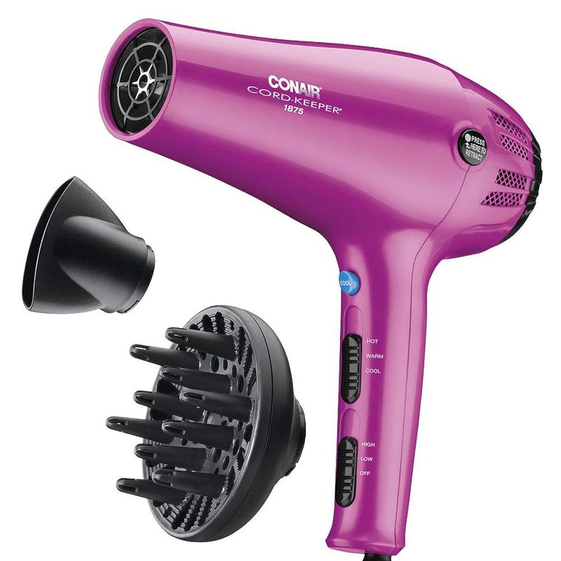 Photo 1 of 
Conair Hair Dryer with Retractable Cord, 1875W Cord-Keeper Blow Dryer
Color:Pink