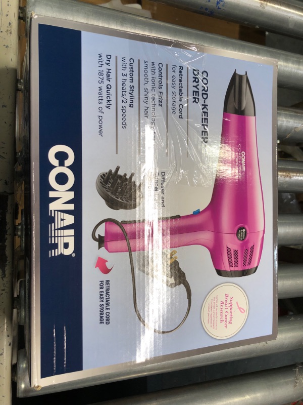 Photo 2 of 
Conair Hair Dryer with Retractable Cord, 1875W Cord-Keeper Blow Dryer
Color:Pink