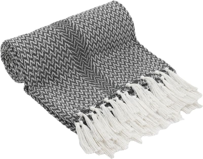 Photo 1 of 100% Cotton Hand Woven Pattern Throw Blanket with Fringes - Gray & White | Cozy Lightweight Accent for Couch, Sofa, and Bed